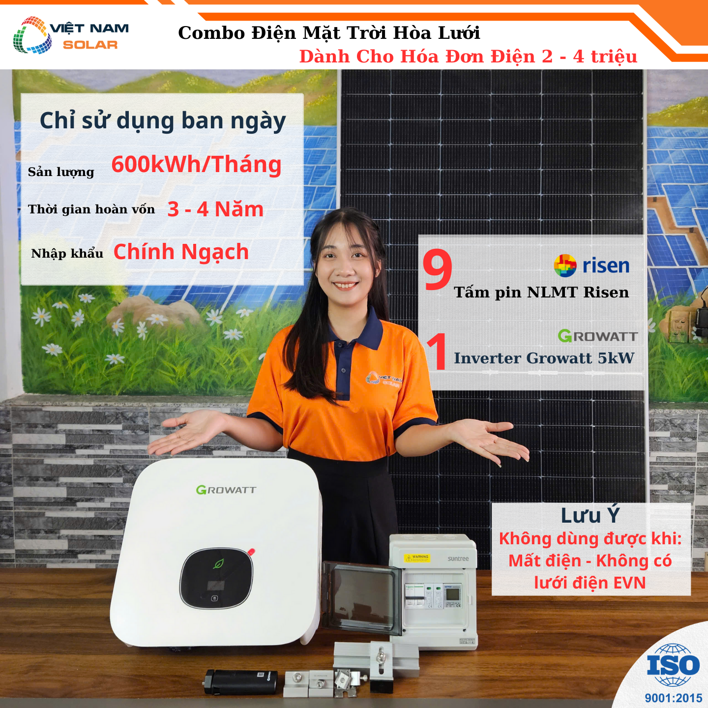 (Hóa Đơn Điện 2-4 Triệu) Hệ Thống Điện Mặt Trời 5,4Kwp - (Không Dùng Được Buổi Tối)