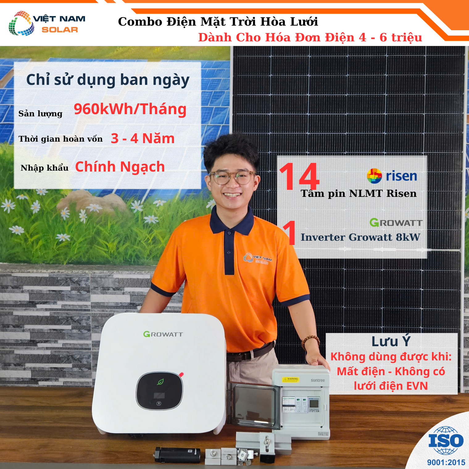 (Hóa Đơn Điện 4-6 Triệu) Hệ Thống Điện Mặt Trời 8,3Kwp - (Không Dùng Được Buổi Tối)