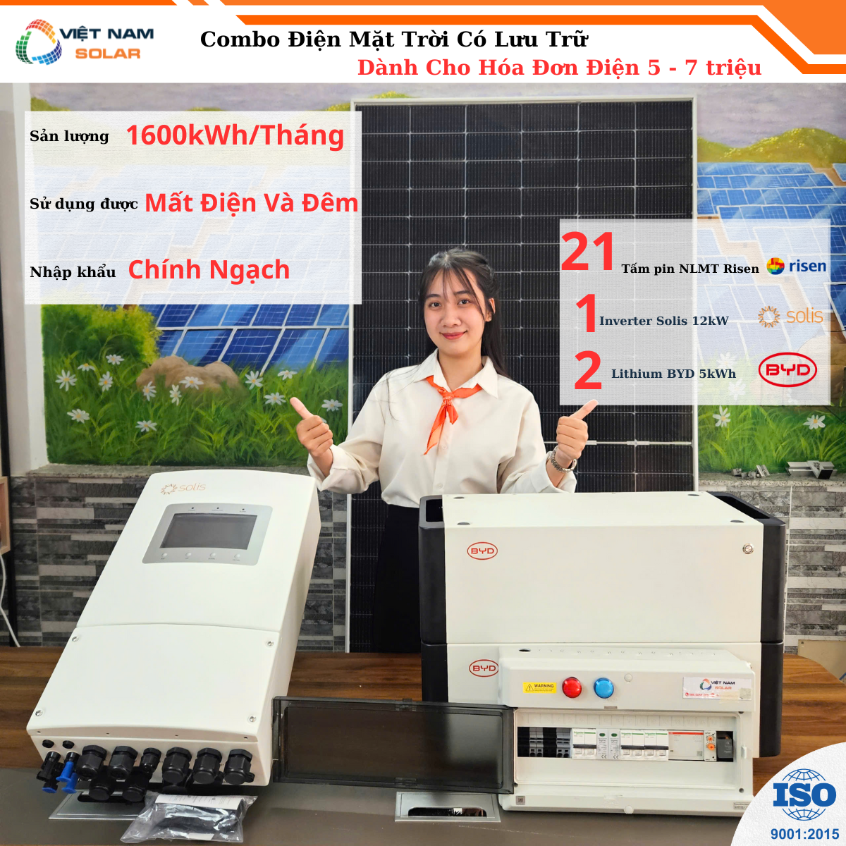(Hóa Đơn Điện 5-7tr) - Hệ Thống Hybrid 12,2Kwp Lưu Trữ BYD 10kwh (Mất Điện Và Đêm Dùng Được)